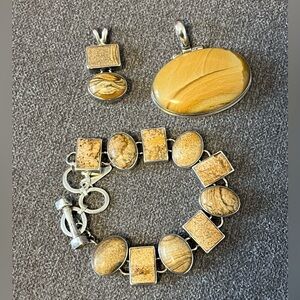 Vintage Southwestern ACLEONI Sterling Silver Jasper Link 8” Bracelet & pendants